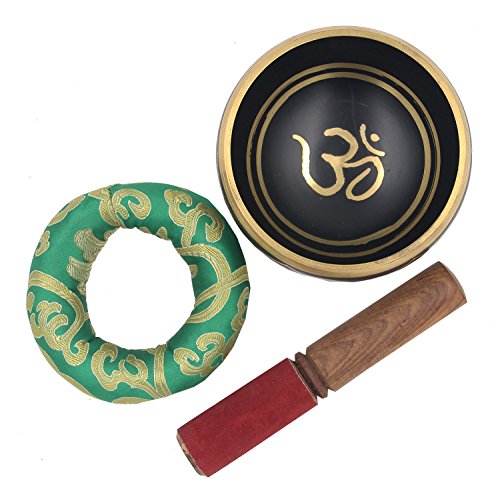 DharmaObjects Relaxing Yoga Meditation Om Peace Singing Bowl/Silk Cushion/Rosewood Mallet Set (Medium, Black) - color: Black, size: Medium