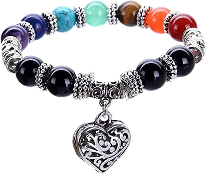 Healing Crystals Bracelet Handmade Natural Gemstones Beads Elastic Natural Stone Yoga Beads Bracelet Heart-Shaped, Modern Artisanal Beaded Unisex 7.6 inches Turquoise - color: Colorful B
