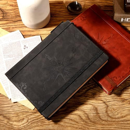 CAGIE Compass Leather Notebook Journal for Men, 100 GSM 288 Pages Lined Journals for Writing, A5 Hardcover Journaling Notebooks Gift Set with Pen for Travel Office Daily Writing - color: Black