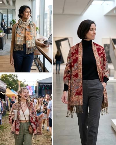 Achillea Elegant Paisley Floral Pashmina Shawl and Wrap – Boho Rave Scarf for Festival, Travel & Everyday Wear - color: Red Beige