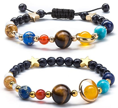 Fesciory Women Solar System Bracelet Universe Galaxy The Eight Planets Guardian Star Natural Stone Beads Bracelet Bangle Gifts - color: 2 Pcs Set