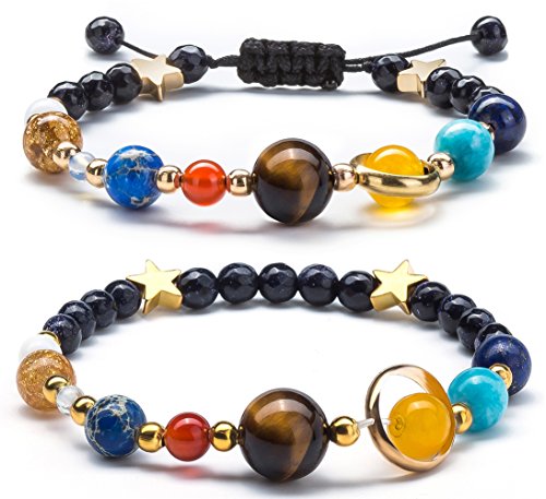 Fesciory Women Solar System Bracelet Universe Galaxy The Eight Planets Guardian Star Natural Stone Beads Bracelet Bangle Gifts - color: 2 Pcs Set
