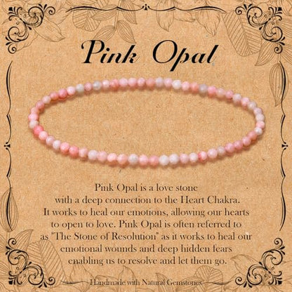 BONNY BOXX Natural Genuine Gemstone Faceted Round Beads Bracelets, 3mm Adjustable Stretchy Tiny Faceted Black Tourmaline Bracelet, Healing Crystal Reiki Chakra Dainty Jewelry Fashion Gifts - color: Pink Opal