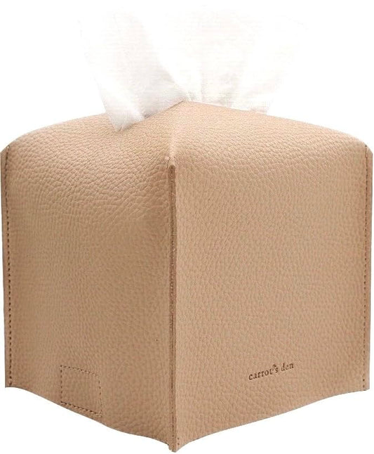 Tissue Box Cover Holder, Square with Bottom Belt by Carrot's Den - PU Leather Decorative Organizer for Tabletop, Bathroom, Car, Office | Beige - color: Beige