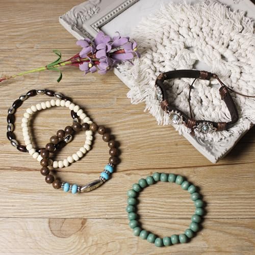 5pcs Wooden Bead Bracelet Set with Charm and Tassel for Men & Women - Stackable Boho Bracelets, Amber Color Scheme Adjustable Bracelet - color: White Cyan Brown