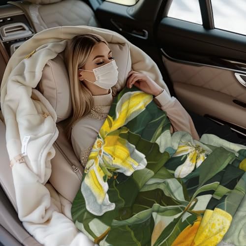 Yellow Lemon Flower Prints Throw Blanket (320g Flannel) Anti-Pilling Warm Fuzzy Blankets for Bed Sofa Couch Travel 40x30 Inch - color: Yellow Lemon Flower, size: 40x30 Inch