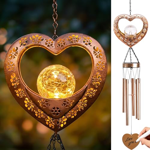 Nacome Solar Heart Wind Chimes for Outside: Weatherproof Metal Outdoor Decor Easy Hanging for Garden Patio Tree Window - Melodious Mother's Day Birthday Gifts for Mom Women Mom Grandma Her Wife - color: Copper Heart