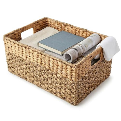 Medium Wicker Storage Baskets with Handles, Natural Seagrass and Hyacinth Woven Storage Basket for Organizing Shelves, Bedroom, Pantry, Rectangular, 15.5 x 9.5 x 6.5 Inches - size: Medium - 15.5" x 9.5" x 6.5" in.