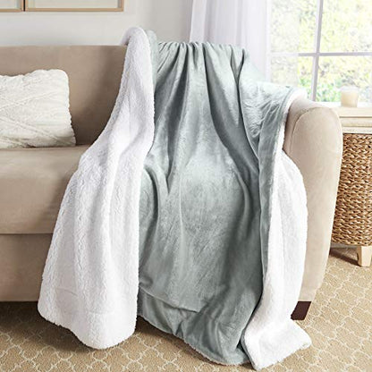 Sherpa Throw Blanket Super Soft Reversible Ultra Luxurious Plush Blanket, 50 x 60 inches, Sage/White - color: Sage / White, size: Throw (50" x 60")