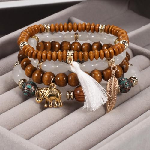Caiyao 4Pcs Bohemia Multilayer Stackable Elephant Leaf Tassel Bracelets Colorful Wooden Resin Beaded Stretch Bracelets for Women Men Summer Beach Boho Vacation Hawaii Jewelry Gifts - style: StyleA