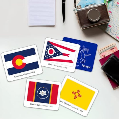 Menique U.S. States Flags Memory Matching Game – 100 Cards (50 Pairs) – Learn State Flags, Capitals & Abbreviations – Educational Card Game for Kids and Adults - style: U.S. States Flags