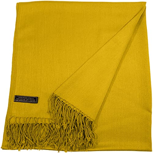 CJ Apparel Solid Color Tassels Design Nepalese Shawl Scarf Wrap Stole Throw Head Wrap Pashmina Gift Hand Made in Nepal New - color: Amber Yellow