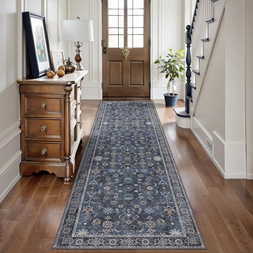 Tangsoo 3x8 Runner Rug for Hallway Kitchen, Non Slip Washable Long Rug Runner Boho Vintage Floral Carpet, Distressed Blue Black Soft Low Pile Indoor Runners for Entryway, Laundry, Kids&Pets Friendly - color: Distressed Blue Black, size: 3' X 8' (Runner)