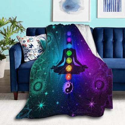 Fleece Blanket Plush Throw Fuzzy Throws Nine Chakra Yoga Meditation Lotus Blue Mandala, Lightweight Soft Microfiber Flannel Blankets for Couch Bed Sofa, 60"x80"