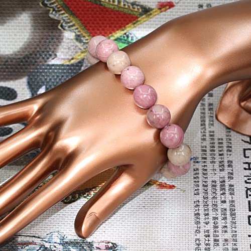 Keleny Semi Precious Stones Natural Gemstones 12mm Round Beads Crystal Stretch Bracelets 7 Inch Unisex - color: Pink Rhodonite