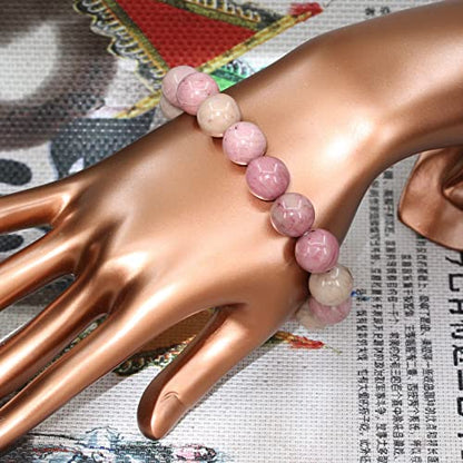 Keleny Semi Precious Stones Natural Gemstones 12mm Round Beads Crystal Stretch Bracelets 7 Inch Unisex - color: Pink Rhodonite