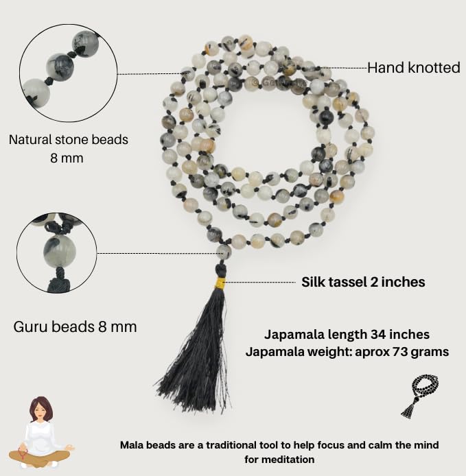 GEMSCITE Japa Mala 108 Prayer Beads Perfect for Meditation Spiritual Mala Necklace & Wrist Mala Bracelet - color: Black Rutilated Quartz, size: Hand Knotted