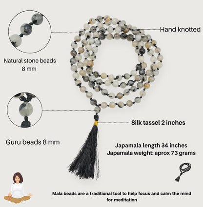 GEMSCITE Japa Mala 108 Prayer Beads Perfect for Meditation Spiritual Mala Necklace & Wrist Mala Bracelet - color: Black Rutilated Quartz, size: Hand Knotted