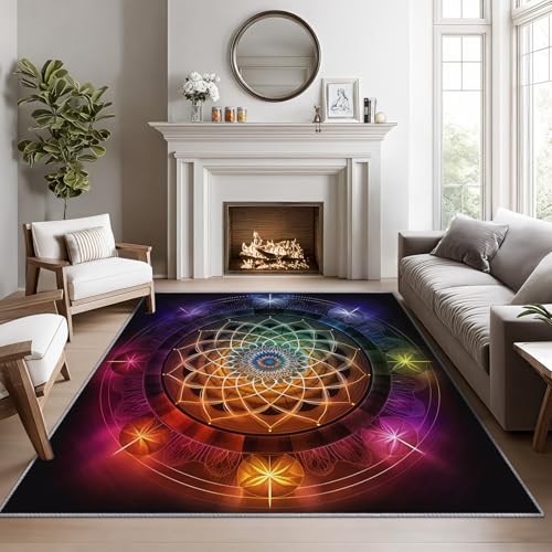 Chakra Rugs for Bedroom - 5x7 Area Rugs, Meditation Rug, Indian Chakra Rug for Living Room, Colorful Mandala Washable Bedroom Carpet, Ethnic Yoga Spiritual Home Decor & Gifts - color: Yellow Purple, size: 5' x 6'8" (Rectangular)