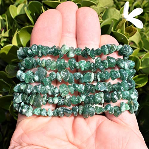 Zenergy Gems Charged Premium Natural Crystal Chip Bead Bracelet + Moroccan Selenite Charging Crystal [Included] - color: Green Aventurine (Freckled)