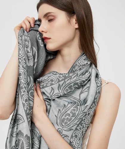 Pashmina Shawl Wrap with Ethnic Paisley Two Tone Jacquard Scarf for Women - color: Paisley-black Grey