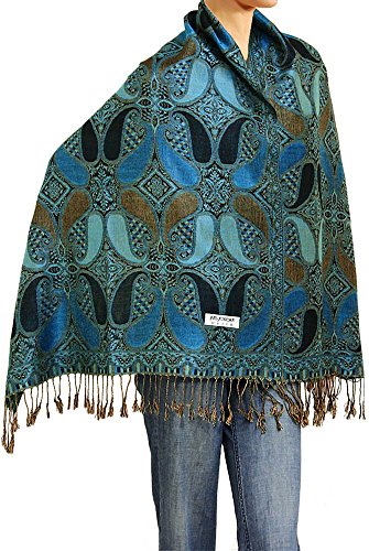 Falari Women's Reversible Paisley Pashmina Shawl Wrap Scarf For Evening Dresses Festivals Any Occasions All Seasons 80"x27" - color: Style 2 - Blue