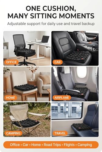 Inflatable Travel Seat Cushion with Built‑in Manual Pump, Adjustable Firmness & Compact Storage –Firm Support for Airplane, Car & Office Chairs, Large Generous Fit 18x16x2.1", Carry Bag Included