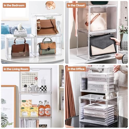 4 Packs Clear Handbag Storage Organizer for Closet, Acrylic Display Case for Purse Handbag, Stackable Purse Organizer Storage Box with Magnetic Door for Wallet Book Toys Collectibles