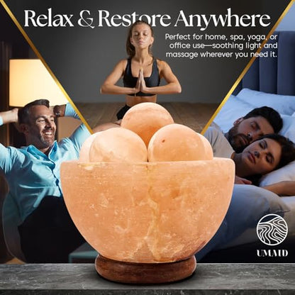 UMAID Himalayan Salt Lamp Bowl with 6 Himalayan Salt Massage Stones, Dimmable Pink Rock Salt Lamp for Bedroom, Office Desk & Meditation Room, Spa Decor, Relaxation Home Decor Gifts for Men & Women - style: Massage Bowl