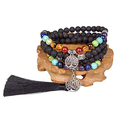 108 Mala Beads Necklace 7 Chakra Tree of Life Pendant Prayer Buddha Bracelets Healing Stone Yoga Men Women Jewelry - color: Natural lava flower beads