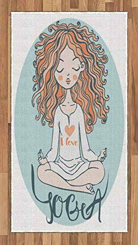 Ambesonne Yoga Area Rug, Woman Sitting on Lotus Pose Yoga Lettering Underneath Mindfulness, Flat Woven Accent Rug for Living Room Bedroom Dining Room, 2' 6" x 5', Pale Blue Peach and Salmon