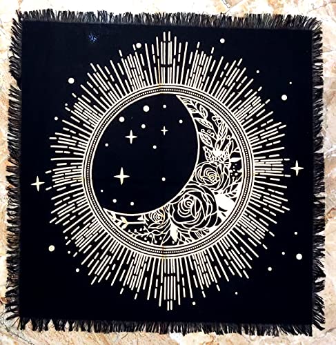 INDACORIFY Moon Altar Table Top Cloth with Fringes Alter Tarot Witchcraft Spread Meditational Spiritual Sacred Cloth 18x18 in (Gold Flower Moon Star) - color: Gold Flower Moon Star