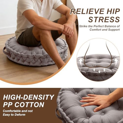 Meditation Floor Pillow, 23.6" Round Thick Cushion with Handle, Velvet Floor Cushion Seat Cushion for Yoga Living Room Tatami, Meditation Cushion for Adults, Light Gray