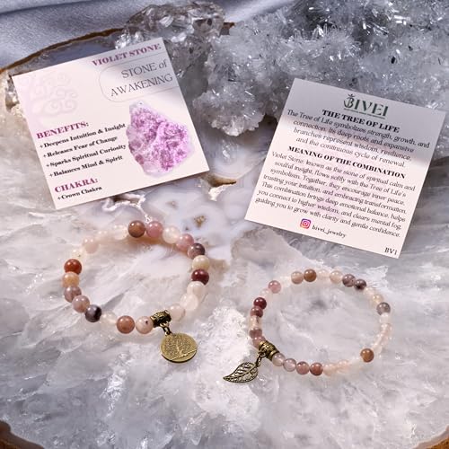 Bivei Natural Semi Precious Gemstone beads bracelet for women - Life Tree and Leaf Charm Energy Reiki Crystal Stretch Bracelets - color: Violet Stone Bracelet Set, size: Medium:6.8-7.24inch
