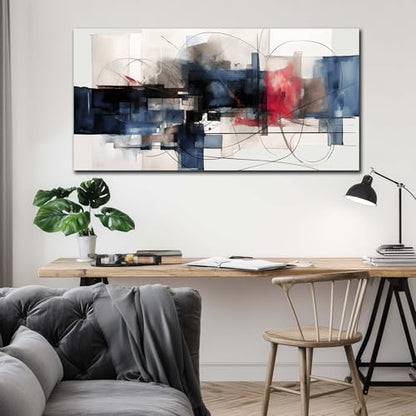 Fuwobriva Abstract Canvas Wall Art for Living Room Bedroom Office Large Wall Art Decor Abstract Wall Art Modern Black Red and Blue Geometry Painting Artwork 24"x48" - size: 24L" x 48W"
