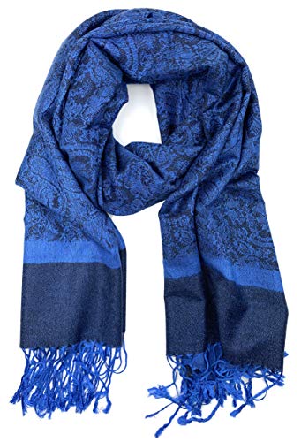 Plum Feathers Two Tone Vintage Paisley Pattern Pashmina Scarf - color: Royal-navy Paisley