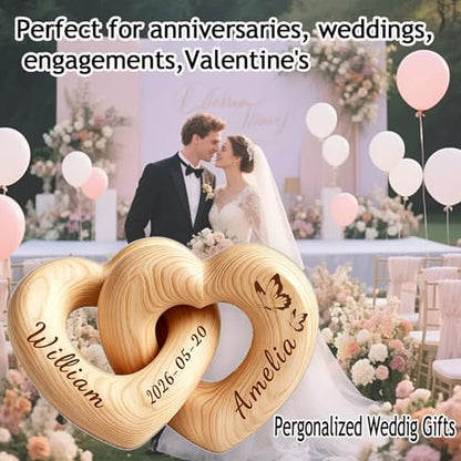 Custom Engraved Interlocking Wooden Hearts with Personalized Names – Romantic Couple Gift for Wedding, Valentine’s Day, 5th Wood Anniversary, Handcrafted Home Decor (Customized)