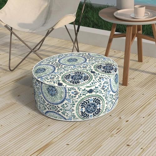 Outdoor Patio Inflatable Ottoman, 21x9 Inch Portable Stool Ottoman with Handle, Round Footrest Stool for Home Garden Camping, Celadon Wreath - color: Celadon Wreath, size: 21"D x 21"W x 9"H