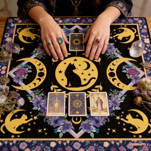 Tarot Altar Cloth Cat and Moon Phases Print Card Table Tablecloth Pueple Flowers Tablecloth with Tarot Bag for Reading Rituals Crystals Spiritual Divination Witchcraft Supplies - color: Cat and Moon Phases