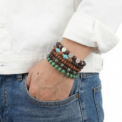 5 Pcs Beaded Bracelets, Elastic Wood Alloy Boho Stackable Handmade Beaded Bracelets, Boho Jewelry For Women Men