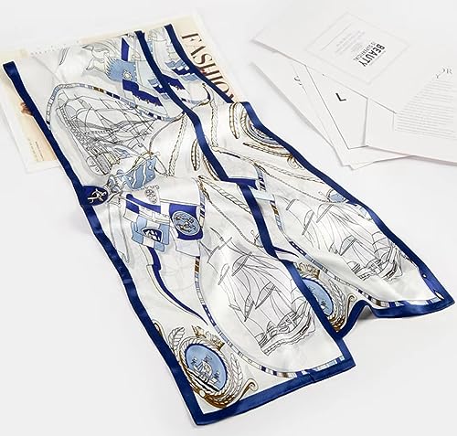 100% Silk Scarf for Women 59”*6.3” Long Shawls for Headscarf and Neck- Oblong Hair Wraps with Gift Packed - color: White&blue -Nautical