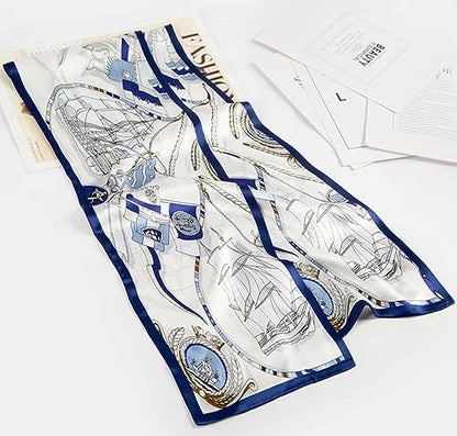 100% Silk Scarf for Women 59”*6.3” Long Shawls for Headscarf and Neck- Oblong Hair Wraps with Gift Packed - color: White&blue -Nautical