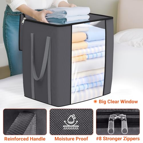 120L Extra Large Clothes Storage Bags, Foldable Blanket Storage and Organization, Thick Fabric Containers with Reinforced Handles & Zippers for Clothing, Comforters, Bedding, Gray, 1 Pack