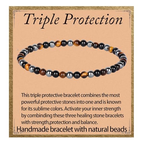 LPBeads Handmade Natural Gemstone Stretch Elastic Bracelet Healing Crystal Round Stone Beads Jewelry Gifts for Women Men - color: Onyx Tiger Hematite Mixed, size: 4mm