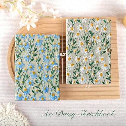 A5 Sketchbook, Flower Notebook, Embroidered Journal, Daisy Gifts for Women, 8"x6" Notebook, Hardcover, Lay Flat, Personalized Notebook, Unlined Notebook, Plain Journal, Blue Daisy