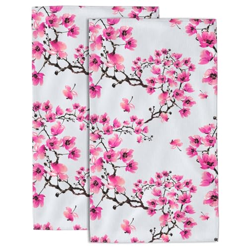 Cherry Blossom Set of 2 Soft Absorbent Towels for Bathroom & Kitchen - 14 x 28 in - color: Cherry Blossom