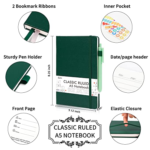 feela 24 Pack Journal Notebook for Work, Business Notebook Bulk Hardcover Lined Writing Journal with Pen Holder for Men Women Note Taking, with 24 Black Pens, 120 GSM, 5.1”x8.3”, A5, Dark Green - color: 24 Pack dark green