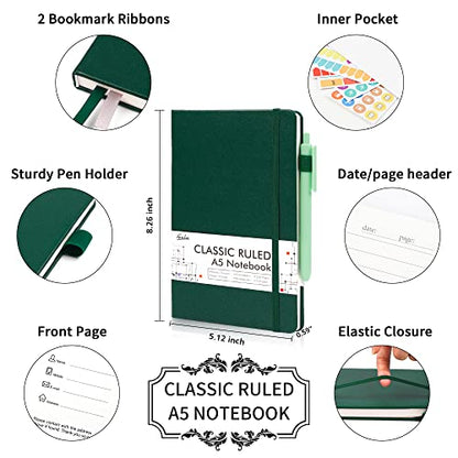 feela 24 Pack Journal Notebook for Work, Business Notebook Bulk Hardcover Lined Writing Journal with Pen Holder for Men Women Note Taking, with 24 Black Pens, 120 GSM, 5.1”x8.3”, A5, Dark Green - color: 24 Pack dark green