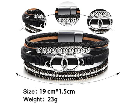 Fesciory Leopard Bracelet for Women, Boho Leather Wrap Multi-Layer Pearl Crystal Bracelet Bangle Jewelry - style: Double Circle(Black)