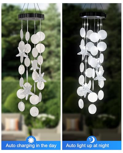 Solar Wind Chimes Decorative Lights for Outside, Shells Gifts for Mom Grandma Women Wife Girls, Hanging Solar Light for Holiday Garden Yard Window (White) - size: White